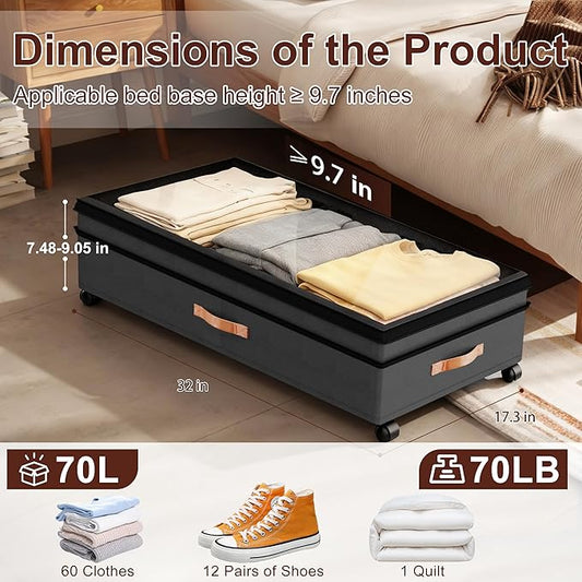 VXEAPADE 2 Pack 70L XXL Under Bed Storage with Wheels - Extra Large UnderBed Storage Containers with Clear Lid & Label, Rolling Storage Bins for Clothes, Shoes, Blankets - Black