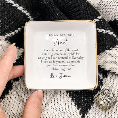 HatafaFurni Personalized Ring Dish for Aunt - Jewelry Gifts for Christmas, Women, Birthday, Mother's Day - Custom Aunt Gift