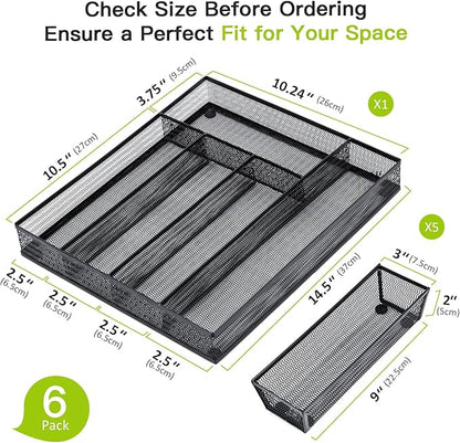 Neudeco Drawer Organizer Set 6 Pack - 5-Compartment Silverware Organizer Tray + 5 Utensil Trays, Kitchen Drawer Organizer for Flatware, Cutlery, Office Supplies, Black Mesh, Non-Slip.