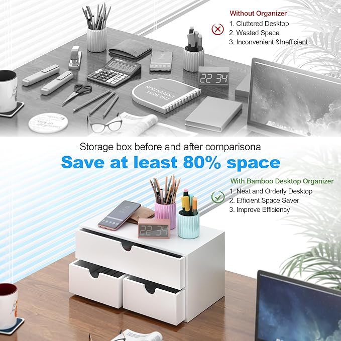 Bamboo Desk Organizer with Drawers Desktop Storage Drawers for Bills Office Supplies Kitchen Utensils Organizing Tool for Home Classroom Organization No Assembly (White)