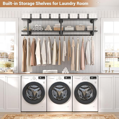 Aheaplus Industrial Pipe Clothes Rack with Top Shelf, 47In Space-Saving Wall Mounted Clothing Rack, 2 Tiers Heavy Duty Pipe Clothing Shelves with Hanging Rod for Laundry Room, Closet Storage, Black
