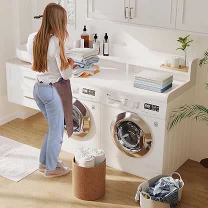 2-Tier Washer Dryer Countertop with 2.75" H Edge Rails, 58" W x 28" D Laundry Countertop for Folding Clothes, Washer and Dryer Topper with Non-Slip Pad (White)