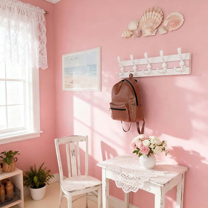 SKOLOO Coastal Wall Mounted Coat Rack-16.88" Beach House Entryway Wooden Coat Hook with 5 Hooks for Hanging Coats, Hats or Towels, Oceanfront Cottage Core Collection, White&Palm Beach Pink, Pack of 2