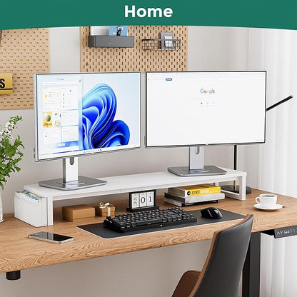 Dual Monitor Stand Riser, 41.5'' Extra Long Wood Monitor Stand Desktop Organizer with Side Pocket, Ergonomic Monitor Riser Supports 2 Monitors,TV,Laptop,Printer for Home Office, White