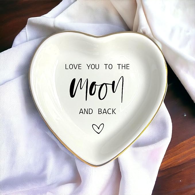 HatafaFurni Ring Dish Gift For Mom Wife Bride Lover, Ceramic Jewelry Dish, Trinket Tray, Mother's Day Gift, Wedding Gifts, Love You To The Moon And Back, Vday Gifts for Lover, Valentines Gift Ideas