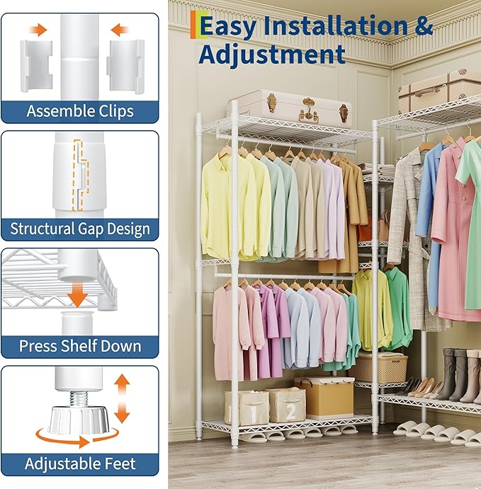 Portable Clothes Rack Heavy Duty Garment Rack, L-Shaped Closet Wardrobe with Adjustable Shelves, Freestanding Closet Organizer and Storage for Corner Apartment Bedroom, 70.5"H x 85.4"L x 17.4"W