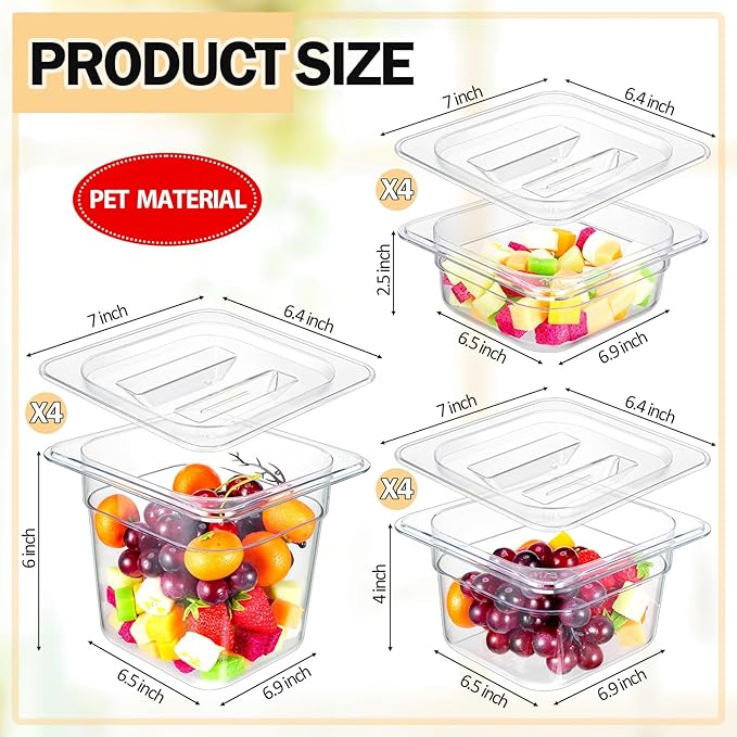 Tioncy 12 Pcs Clear Food Pans with Lids Salad Bar Containers Plastic Pan Salad Bar Containers Commercial Food Storage Transparent Hotel Pans for Vegetables Fruits Beans Corns 2.5'' 4'' 6'' Deep