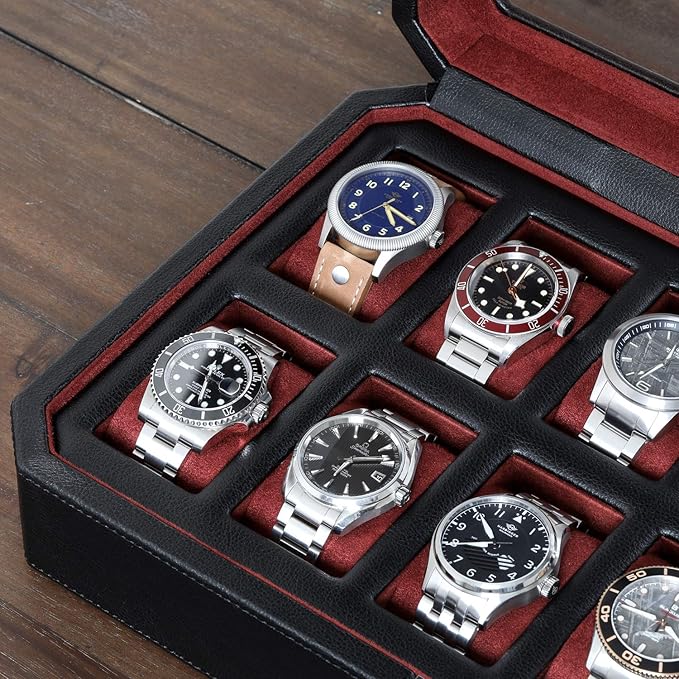 ROTHWELL 12 Slot Leather Watch Box for Men - Luxury Case Display Jewelry Organizer with Microsuede Liner - Travel Jewelry Case for Mens Accessories, Travel Organizer (Black & Red)