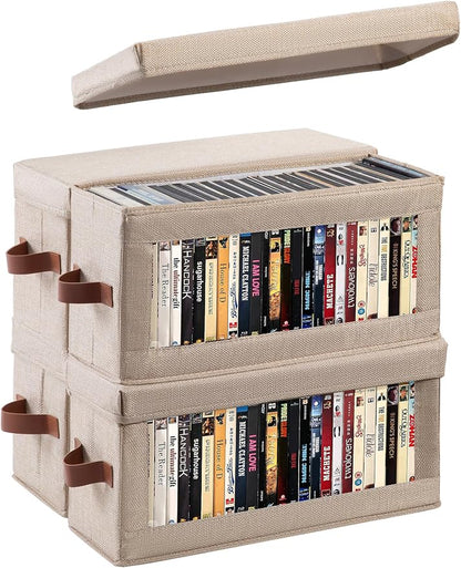 4 Pack DVD Storage Box with Visible Window, Dustproof CD/DVD Case Holder Organizer Rack Can Hold Up to 104 DVD, Blu-ray & CD Storage, Stackable and Lid Design-Beige