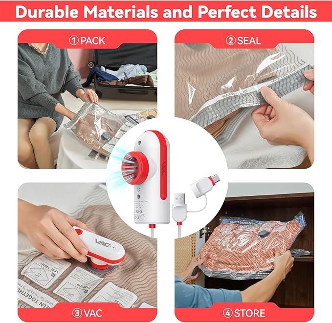 VACKFOX Travel Vacuum Storage Bags with USB and TYPE C Pump, 9 Pack Carry-On Size Compression Packing Bags for Luggage and Suitcase, Space Saver for Clothes and Clothing Travel（Red）