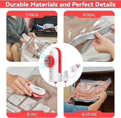 VACKFOX Travel Vacuum Storage Bags with USB and TYPE C Pump, 9 Pack Carry-On Size Compression Packing Bags for Luggage and Suitcase, Space Saver for Clothes and Clothing Travel（Red）