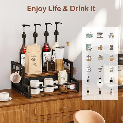 Coffee Syrup Organizer Rack, 2-Tier Coffee Bar Accessories, Bottle Holder Stand with K Cup Storage Drawer for Coffee bar, Wine Rack, Storage Shelves for Syrup. (Rustic Brown)