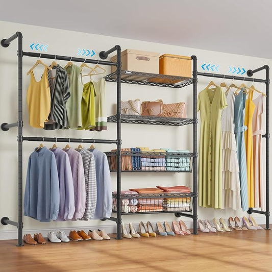 Timate X3 Expandable Heavy Duty Clothes Rack Wall Mounted Clothing Rack for Hanging Clothes, Industrial Pipe Closet System for Walk in Closet Kit Wall Mount Clothes Rack with Basket, Black Wall Closet