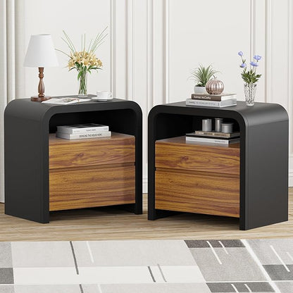 HOCAT 24" Black Modern Nightstand Set of 2, Bedside Table with Curved Anti-Collision Design, Large Night Stand with 2 Storage Drawers and Open Wood Shelf for Bedroom, Farmhouse Side Table, End Table