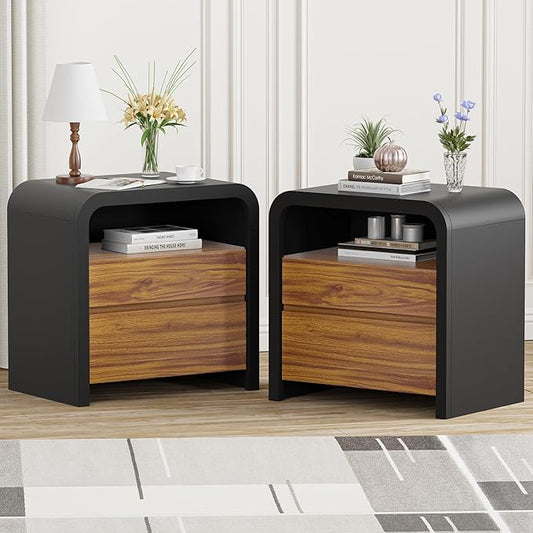 HOCAT 24" Black Modern Nightstand Set of 2, Bedside Table with Curved Anti-Collision Design, Large Night Stand with 2 Storage Drawers and Open Wood Shelf for Bedroom, Farmhouse Side Table, End Table