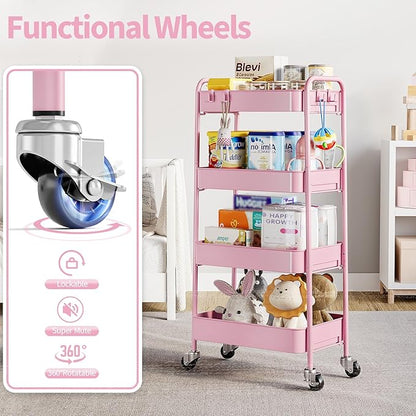 TOOLF 4-Tier Metal Rolling Cart with Wheels, Storage Utility Organizer Cart for Kitchen, Bathroom, Office, Baby Essentials & Makeup - Lockable Casters, Easy Assembly, Large Capacity, Pink