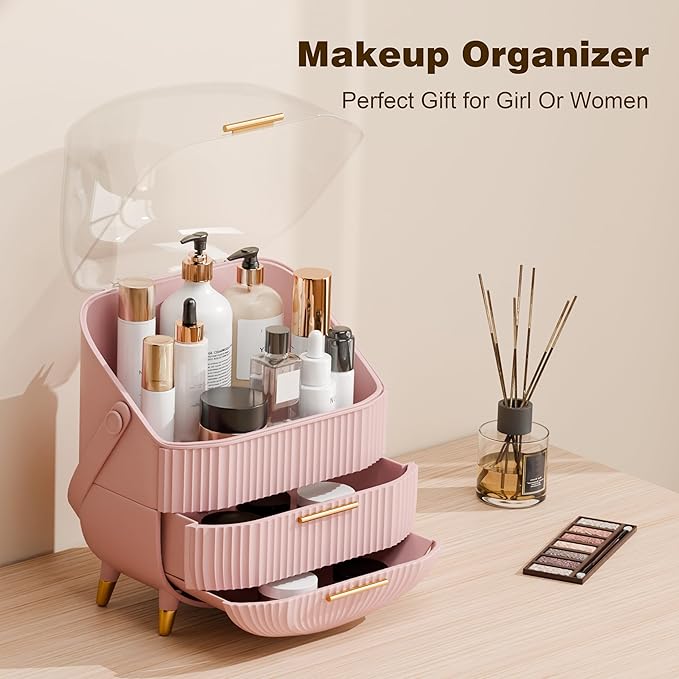 lurcns Makeup Organizer for Vanity Cosmetics Skincare Organizers with Lid and Drawers Display Cases for Countertop (Pink) | for Vanity, Organizers, with Lid, and Drawers, for Countertop