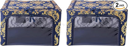Periea Oxford Cloth Steel Frame Storage Boxes - Under-Bed or in Closet - Pack of 2 Small Organizers (Metallic Damask)