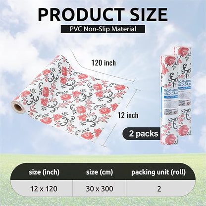 FIFTY FEET 12X120 Inch Shelf Liner for Kitchen Cabinets, PVC Drawer Liner for Dresser Non-Slip Bathroom, Non-Adhesive Cabinet Liner Washable (Red Floral)(2 Roll)