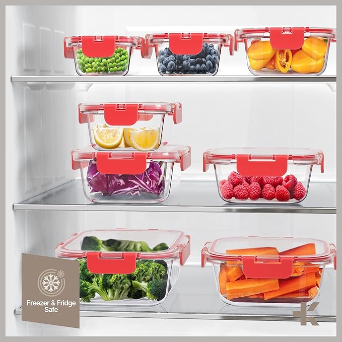 Bakken Borosilicate Glass Food Storage Containers with Lids 16 Pieces, BPA-Free Stackable Lunch & Leftover Containers, Microwave, Freezer & Dishwasher Safe, 100% Airtight Leak-Proof, Red