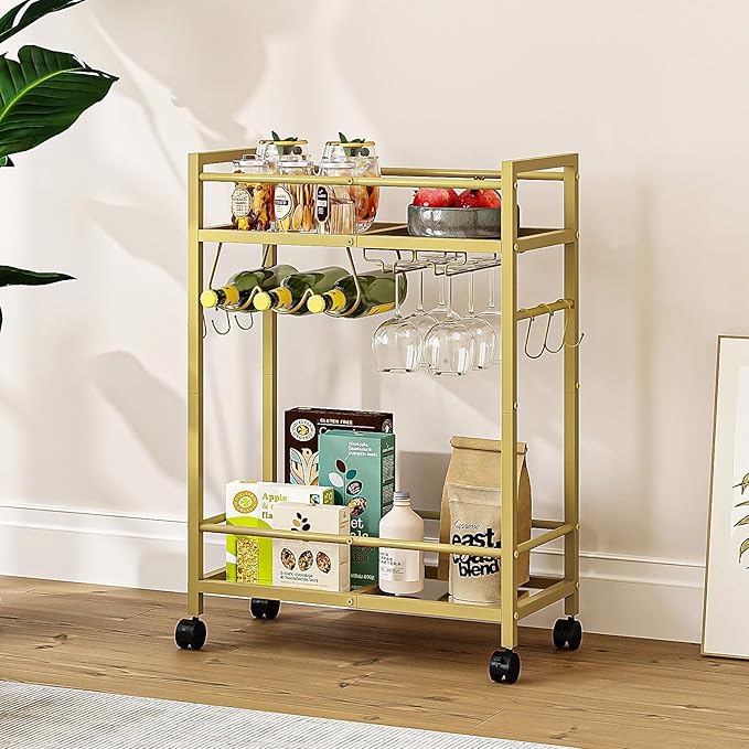 Home Bar Serving Cart, Bar Cart with 2 Mirrored Shelves, MicrowaveCart, Rolling Beverage Cart, Mobile KitchenCart with Wine Rack, Drink Cart for Dinning Room, Living Room, Kitchen, Gold