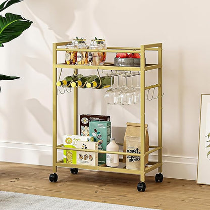 Home Bar Serving Cart, Bar Cart with 2 Mirrored Shelves, MicrowaveCart, Rolling Beverage Cart, Mobile KitchenCart with Wine Rack, Drink Cart for Dinning Room, Living Room, Kitchen, Gold