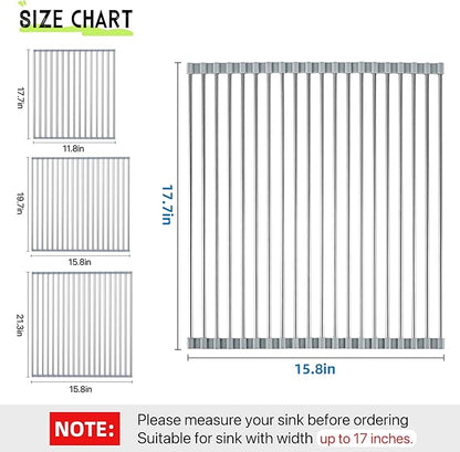 Sayehuanye Roll Up Dish Drying Rack, 17.7" x 15.8" Over The Sink Dish Drying Rack, Kitchen Dish Rack Foldable Dish Drainer, Stainless Steel Dish Drying Rack for Kitchen Sink Counter Storage (Grey)