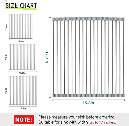 Sayehuanye Roll Up Dish Drying Rack, 17.7" x 15.8" Over The Sink Dish Drying Rack, Kitchen Dish Rack Foldable Dish Drainer, Stainless Steel Dish Drying Rack for Kitchen Sink Counter Storage (Grey)