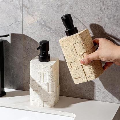Haocoott Soap Dispensers 400mL 13.5 OZ, 2 PCS Luxurious Hand Dish Lotion Shampoo Soap Dispenser Jar, Travertine Stone Look Soap Pump Bottles for Kitchen Bathroom Countertop (White)