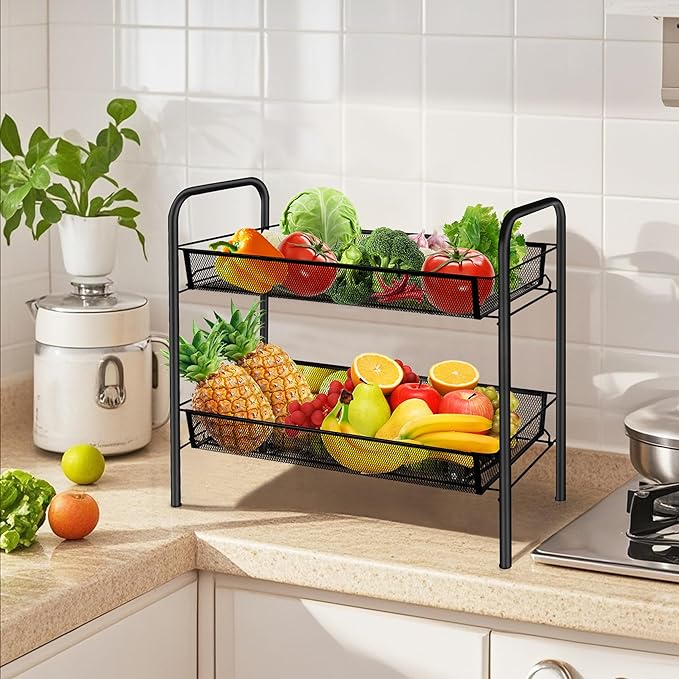 CVHOMEDECO. 2 Tier Fruit Basket Large Capacity Rectangular Metal Fruit Bowl Detachable Metal Fruit Stands Organizer for Kitchen Counter, Bread, Vegetable, Snack and Fruits. Black