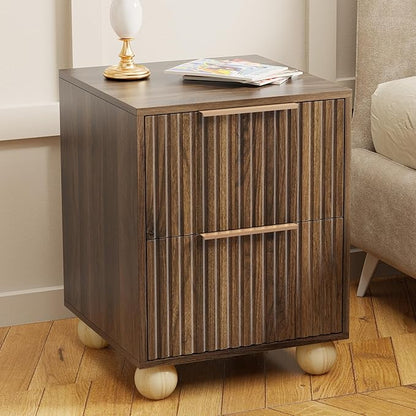 HOCAT Fluted Nightstand Set of 2, Walnut Finish Bedside Table with Spacious Storage Drawers, Night Stand with Solid Wood Round Legs for Bedroom, End Table, Side Table