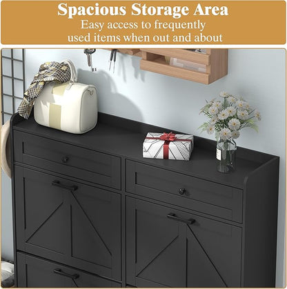 Shoe Cabinet with 4 Flip Drawers & 2 Storage Drawers, Rustic Farmhouse Narrow Shoe Organizer Cabinet, Slim Shoe Rack Cabinet, Shoe Storage Cabinet for Entryway, Hallway, Front Door