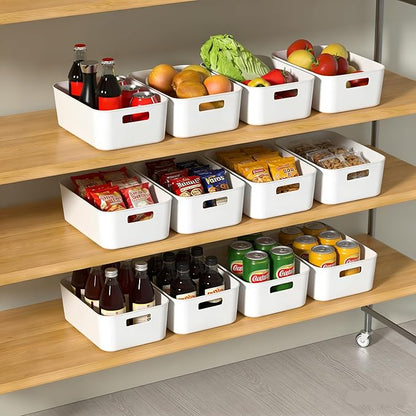 12 Pack Plastic Kitchen Organizing Storage Bins, White Snack Organizer for Pantry Shelf