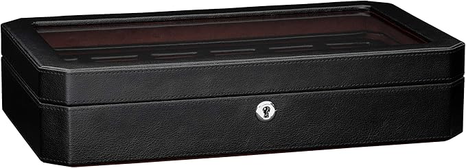 ROTHWELL 12 Slot Leather Watch Box for Men - Luxury Case Display Jewelry Organizer with Microsuede Liner - Travel Jewelry Case for Mens Accessories, Travel Organizer (Black & Red)