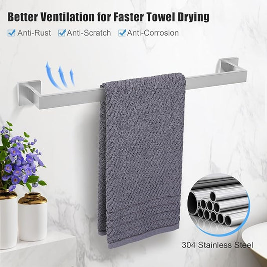 TURS 5-Piece Bathroom Hardware Set Brushed Nickel Towel Bar Set Bath Towel Holder Sets Hand Towel Holder 2 Towel Hooks, SUS 304 Stainless Steel, Q7BR-P5