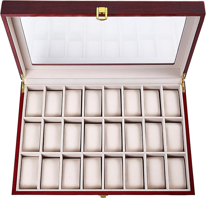 Baojulong 24-Slot Red Wooden Watch Box, Watch Organizer with Clear Lid, Suitable for Various Watches