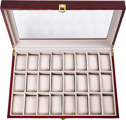 Baojulong 24-Slot Red Wooden Watch Box, Watch Organizer with Clear Lid, Suitable for Various Watches