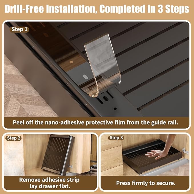 KLKE Pull Out Cabinet Organizer, Width Expandable (11.7"-19.7") Heavy Duty Slide Out Drawers Fixed with Adhesive Nano Film for Pots, Roll Out Shelf Storage For Kitchen,Pantry,Garage,Bathroom Storage
