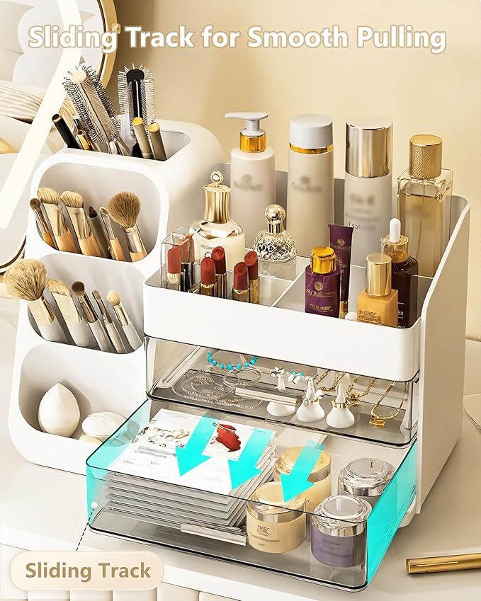 Anylady Makeup Organizer with Drawers, Skincare Organizer (Large Size Thick), Storage Box Cosmetic Display Cases, Make up Organizers for Vanity, Dresser, Desk, Kitchen, Countertop (White)