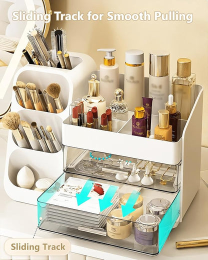 Anylady Makeup Organizer with Drawers, Skincare Organizer (Large Size Thick), Storage Box Cosmetic Display Cases, Make up Organizers for Vanity, Dresser, Desk, Kitchen, Countertop (White)