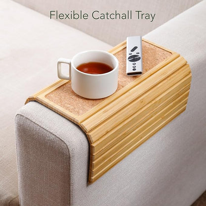 DETOR Sofa Arm Tray with Grained Cork Pad, Natural Bamboo Finish, Enhanced Non-Slip Bottom, Sturdy Bamboo Slats, Fits Armrests 4.6" and Wider
