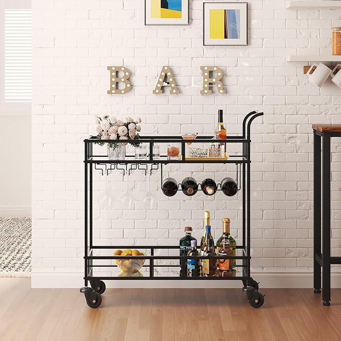 TrailBlaze 2-Tier Black+Mirror Rolling Bar Cart – Mirrored Shelves, Wine Bottle & Glass Racks – Beverage Service Trolley with Wheels for Home, Kitchen, Dining, Living Room