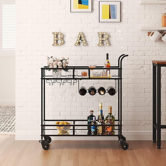 TrailBlaze 2-Tier Black+Mirror Rolling Bar Cart – Mirrored Shelves, Wine Bottle & Glass Racks – Beverage Service Trolley with Wheels for Home, Kitchen, Dining, Living Room