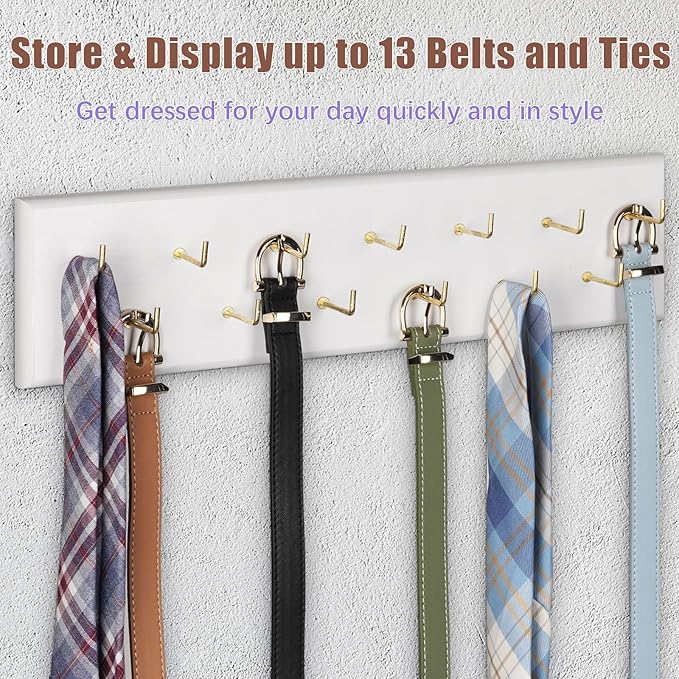Creproly Belt Hanger Wall Mount Belt Organizer for Closet, Holds Over 28 Belts Wooden Wall Mounted Belt Rack Storage Tie and Scarf Hanger for Closet, Wall, Door (White)