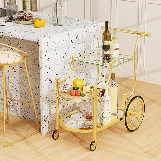 DORTALA Rolling Serving Cart, 3-Tier Metal Bar Cart with Tempered Glass, 4 Wheels Tea Serving Bar Cart for Livingroom, Kitchen, Gold
