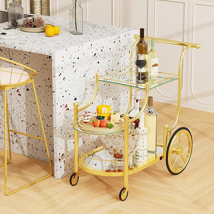 DORTALA Rolling Serving Cart, 3-Tier Metal Bar Cart with Tempered Glass, 4 Wheels Tea Serving Bar Cart for Livingroom, Kitchen, Gold