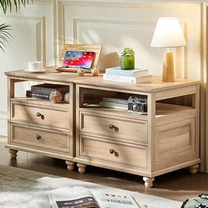 Joaxswe 24" Wide Farmhouse Night Stand Set of 2,Large End Table with 2 Drawers & Metal Handle,Natural Wood Dresser for Bedroom, Bed Side Table Chest of Drawers Cabinet, Nightstand for Living Room
