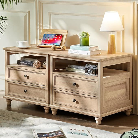 Joaxswe 24" Wide Farmhouse Night Stand Set of 2,Large End Table with 2 Drawers & Metal Handle,Natural Wood Dresser for Bedroom, Bed Side Table Chest of Drawers Cabinet, Nightstand for Living Room