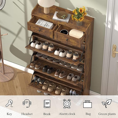 Shoe Cabinet with 3 Flip Drawers & 2 Storage Drawers, Rustic Farmhouse Narrow Shoe Organizer Cabinet, Slim Shoe Rack Cabinet, Shoe Storage Cabinet for Entryway, Hallway, Front Door