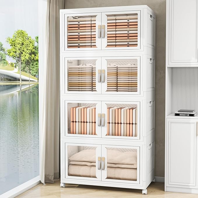 Vavkorkula Large Stackable Storage Bins with Lids, 660QT-165QT*4Tier Foldable Cabinet for Closet Organizers, Plastic Storage Containers Box with Wheels